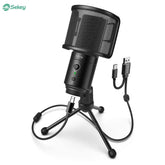 FIFINE USB condenser microphone with stand, pop filter, mute button and headphone jack